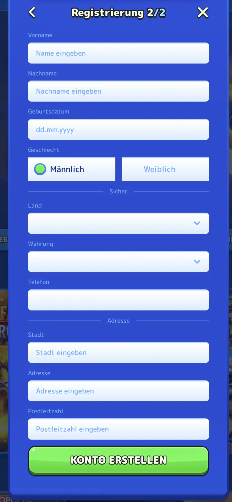 Zweites Registrierungsformular Pistolo Casino Registrierung Schritt 2 Pistolo